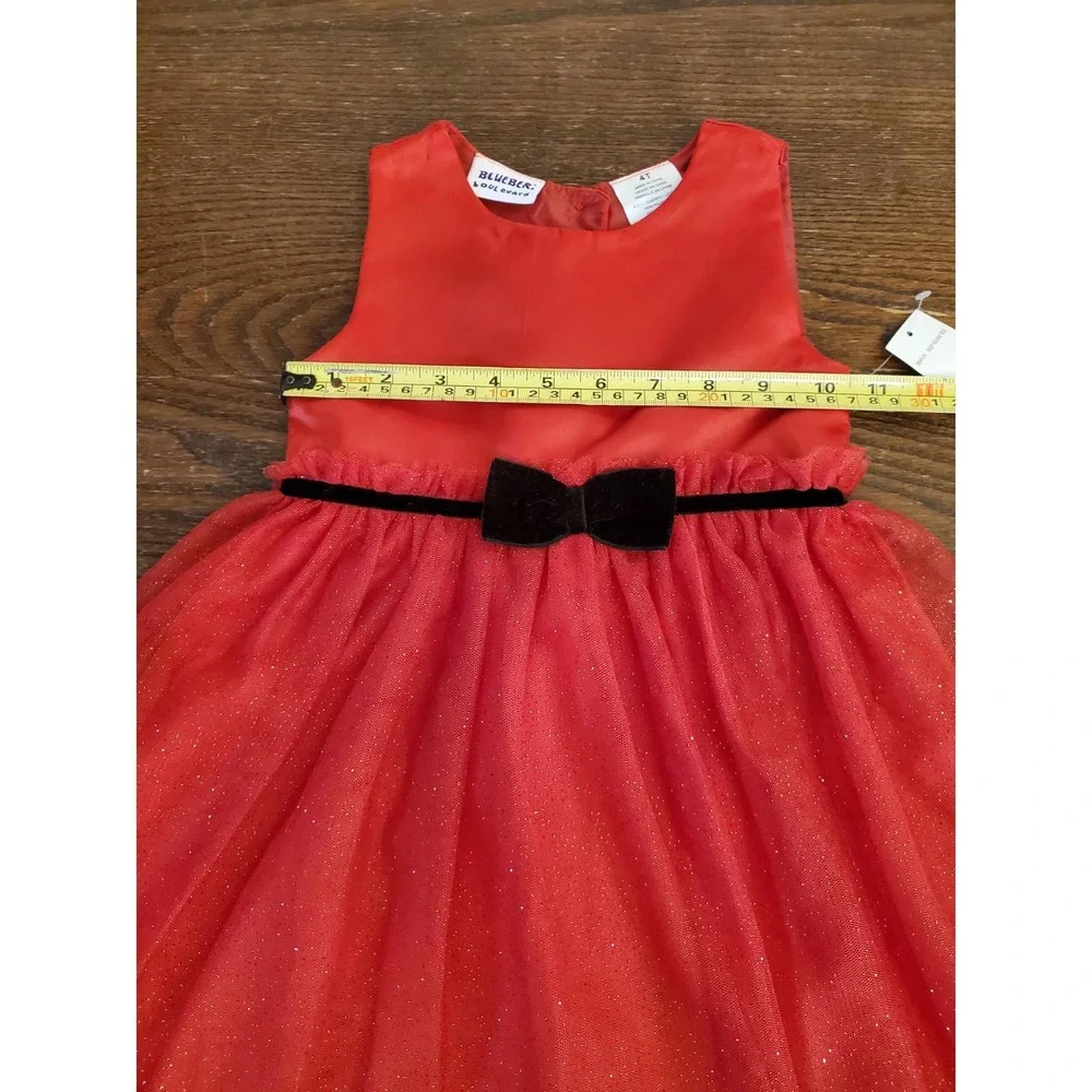 Blueberi Boulevard Girls 4T Red Dress Satin, Sheer & Glittery w/Plaid Pony‎ Tote